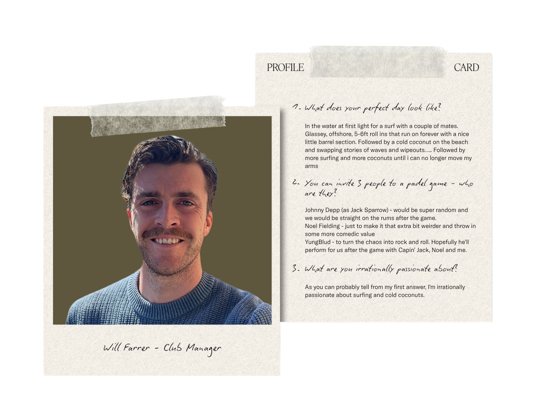 Double polaroid image. Left polaroid includes a photo of Will, Club Manager. The right polaroid is a profile card including some information about the team member.