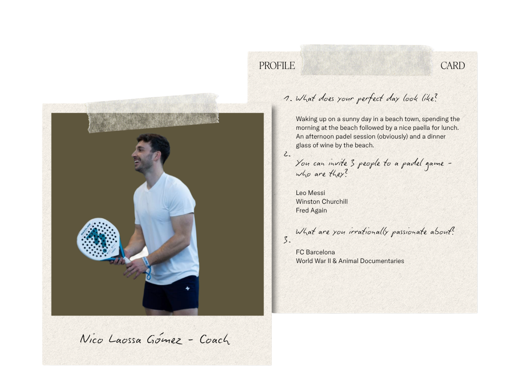 Double polaroid image. Left polaroid includes a photo of Nico, Coach. The right polaroid is a profile card including some information about the team member.