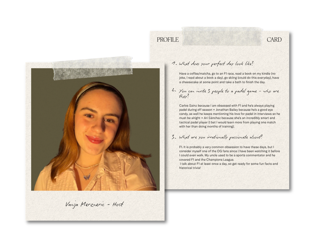 Double polaroid image. Left polaroid includes a photo of Vanja, Host. The right polaroid is a profile card including some information about the team member.